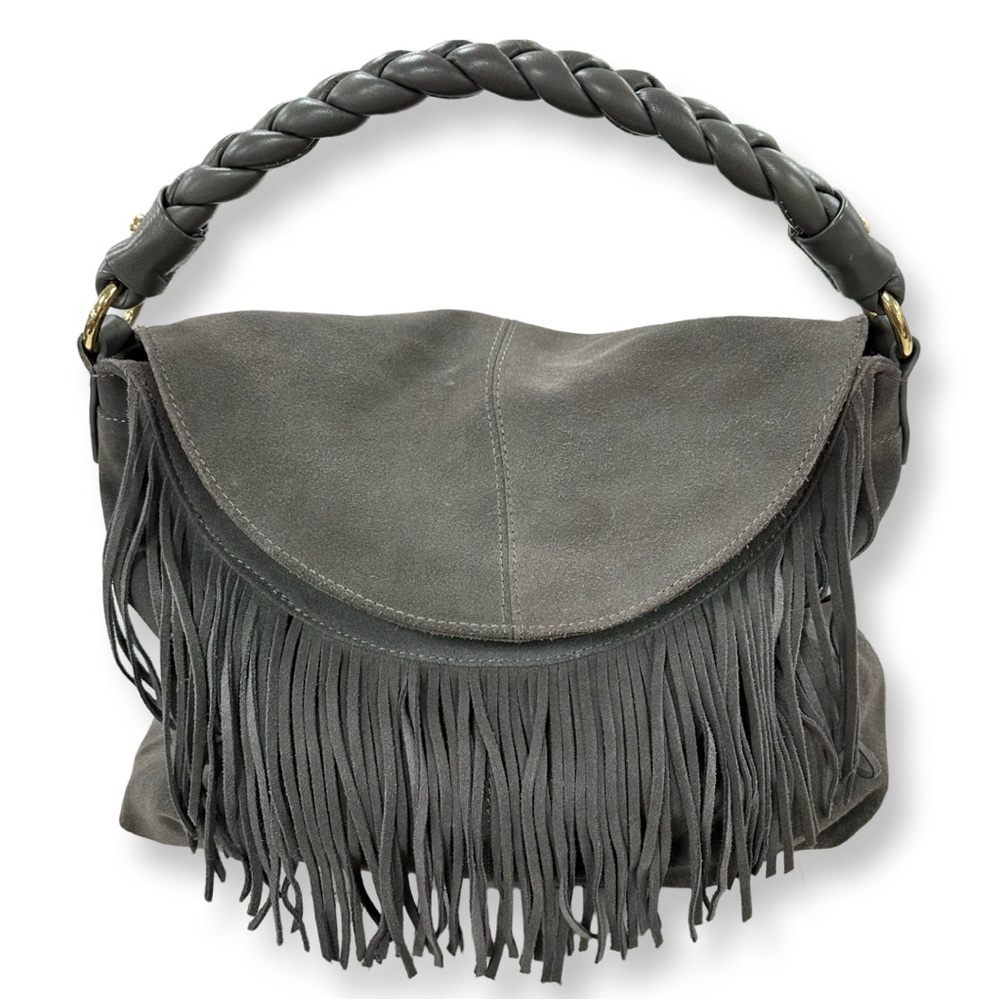CZ Falconer Suede Fringed Hobo Handbag Gray With Braided Handle
